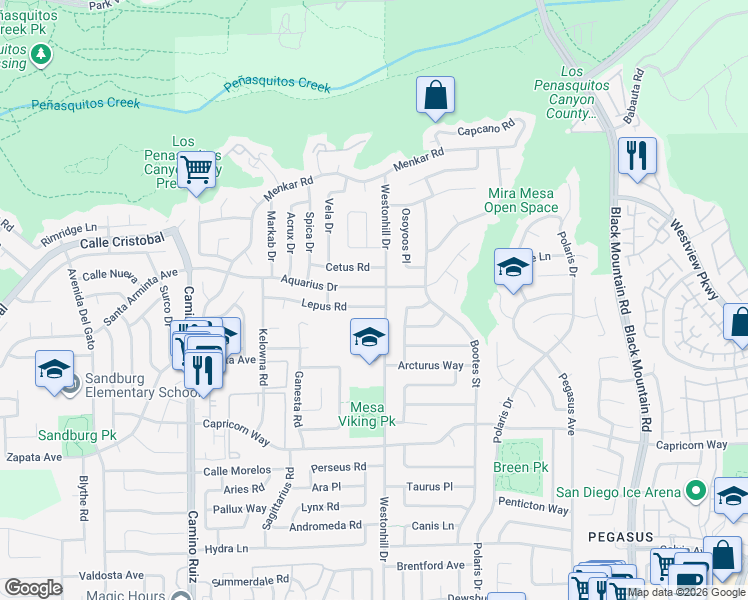 map of restaurants, bars, coffee shops, grocery stores, and more near 8696 Lepus Road in San Diego