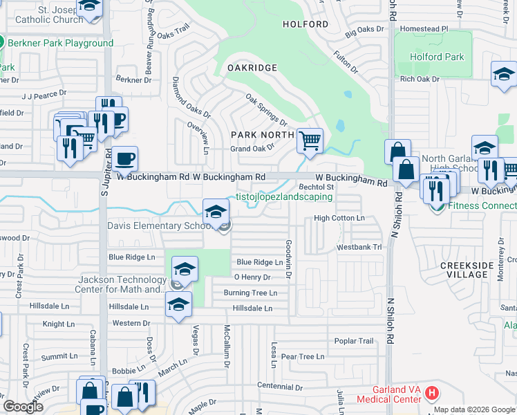 map of restaurants, bars, coffee shops, grocery stores, and more near 3005 Potomac Drive in Garland