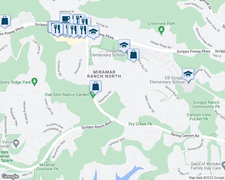 map of restaurants, bars, coffee shops, grocery stores, and more near 10957 Waterton Road in San Diego