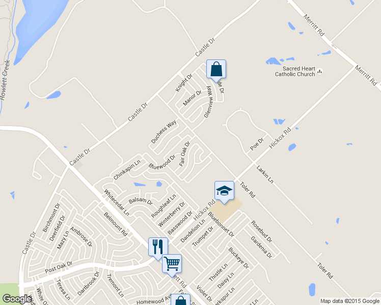 map of restaurants, bars, coffee shops, grocery stores, and more near 3205 Blair Oak Drive in Rowlett