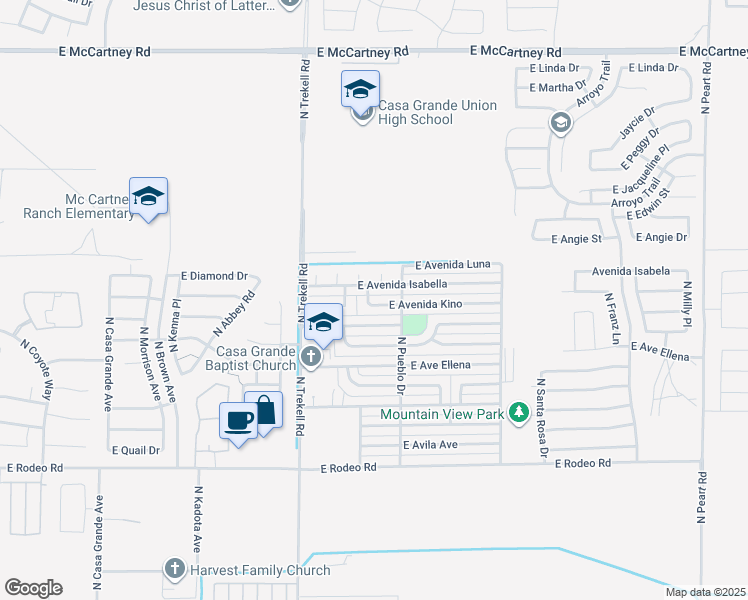 map of restaurants, bars, coffee shops, grocery stores, and more near 1174 East Avenida Kino in Casa Grande