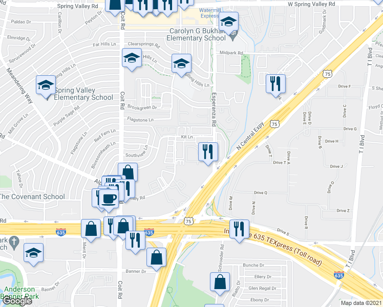 map of restaurants, bars, coffee shops, grocery stores, and more near 13323 Esperanza Road in Dallas