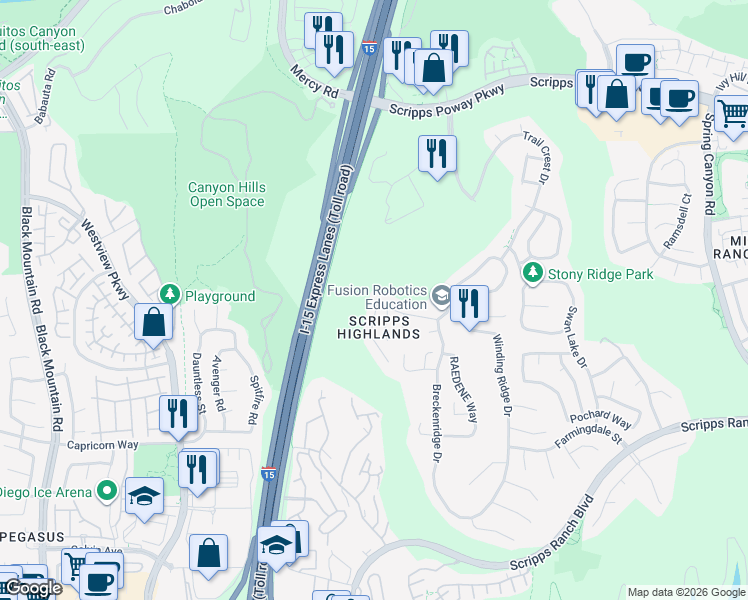 map of restaurants, bars, coffee shops, grocery stores, and more near 11436 Aspendell Drive in San Diego