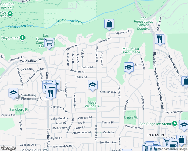 map of restaurants, bars, coffee shops, grocery stores, and more near 8696 Lepus Road in San Diego