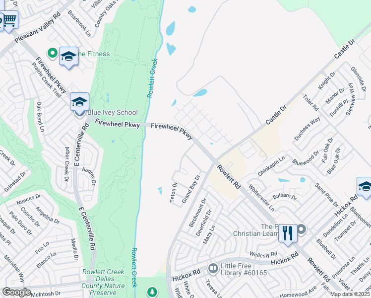 map of restaurants, bars, coffee shops, grocery stores, and more near 3318 Rough Creek Drive in Garland