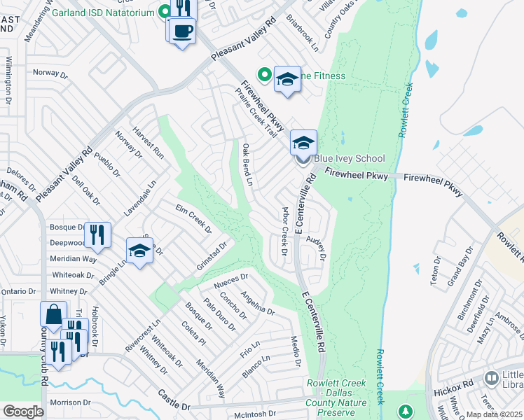 map of restaurants, bars, coffee shops, grocery stores, and more near 1814 Oak Bend Lane in Garland