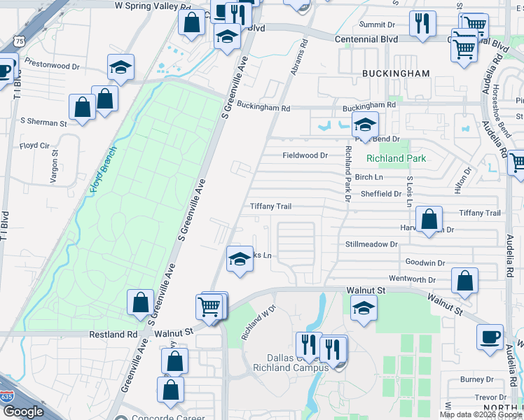 map of restaurants, bars, coffee shops, grocery stores, and more near 410 Tiffany Trail in Richardson