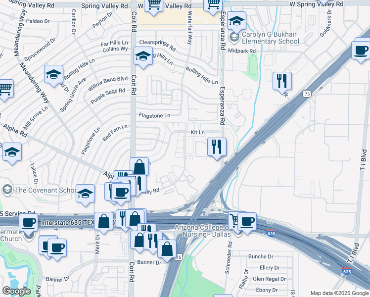 map of restaurants, bars, coffee shops, grocery stores, and more near 13353 Emily Road in Dallas