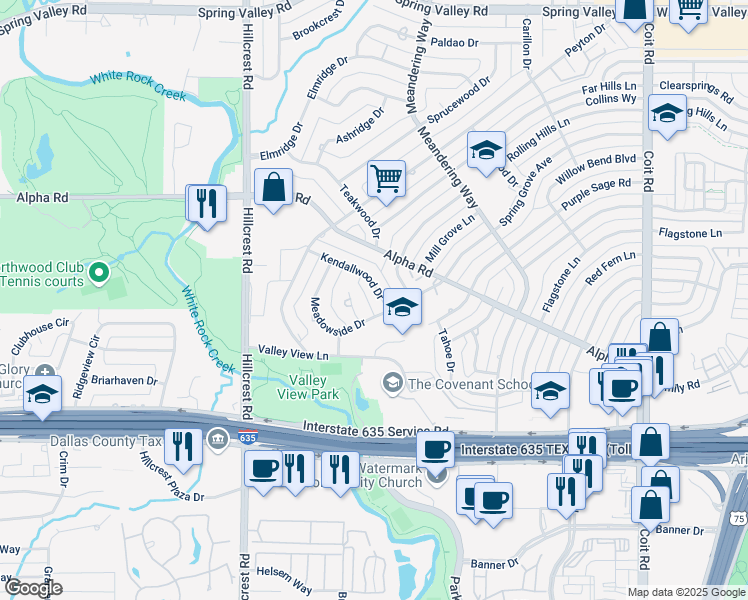 map of restaurants, bars, coffee shops, grocery stores, and more near 7191 Kendallwood Drive in Dallas