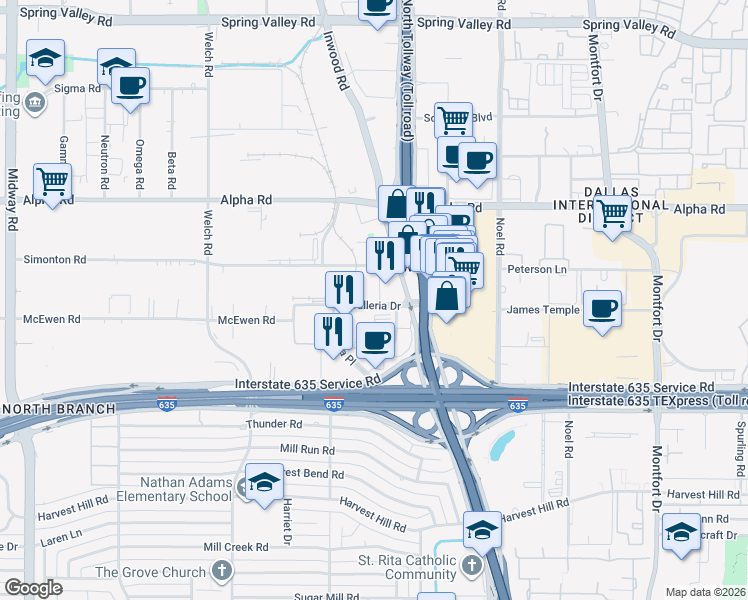 map of restaurants, bars, coffee shops, grocery stores, and more near 3142 Broadstone Parkway in Farmers Branch