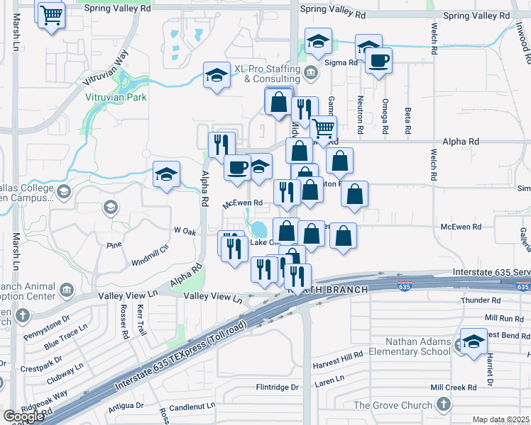 map of restaurants, bars, coffee shops, grocery stores, and more near in Farmers Branch