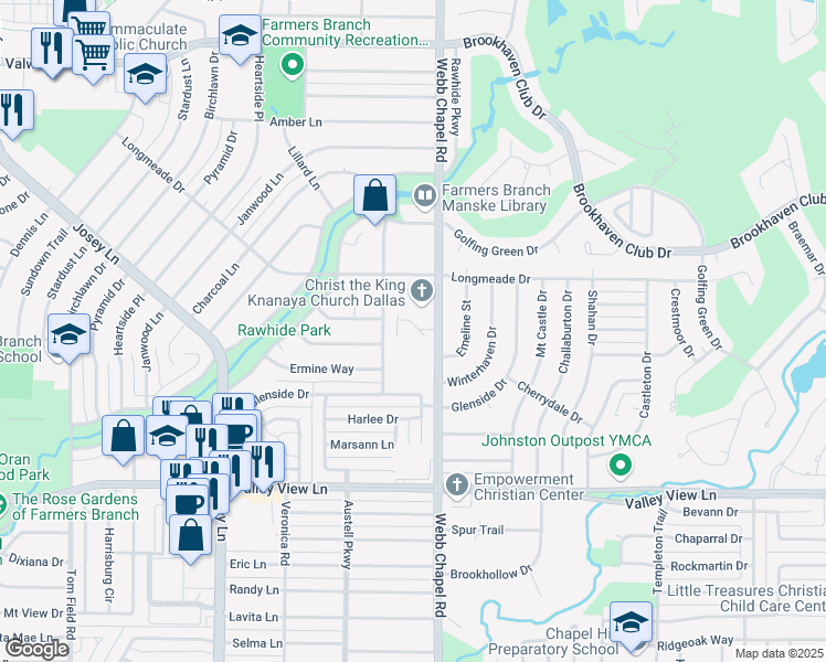 map of restaurants, bars, coffee shops, grocery stores, and more near 13505 Webb Chapel Road in Farmers Branch