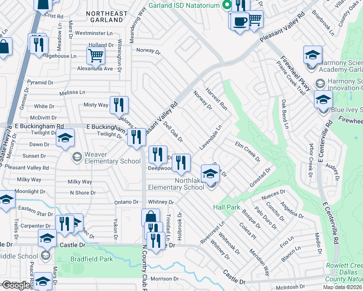 map of restaurants, bars, coffee shops, grocery stores, and more near 1625 Dell Oak Drive in Garland