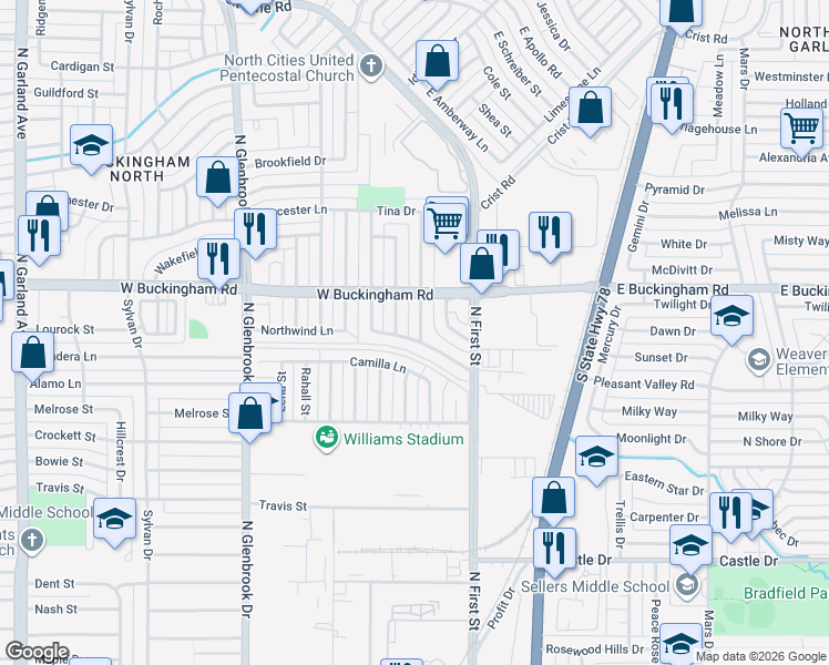 map of restaurants, bars, coffee shops, grocery stores, and more near 1901 Lamont Drive in Garland