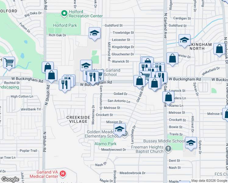 map of restaurants, bars, coffee shops, grocery stores, and more near 1825 Goliad Drive in Garland
