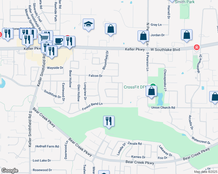 map of restaurants, bars, coffee shops, grocery stores, and more near 1811 Windsong Circle in Keller