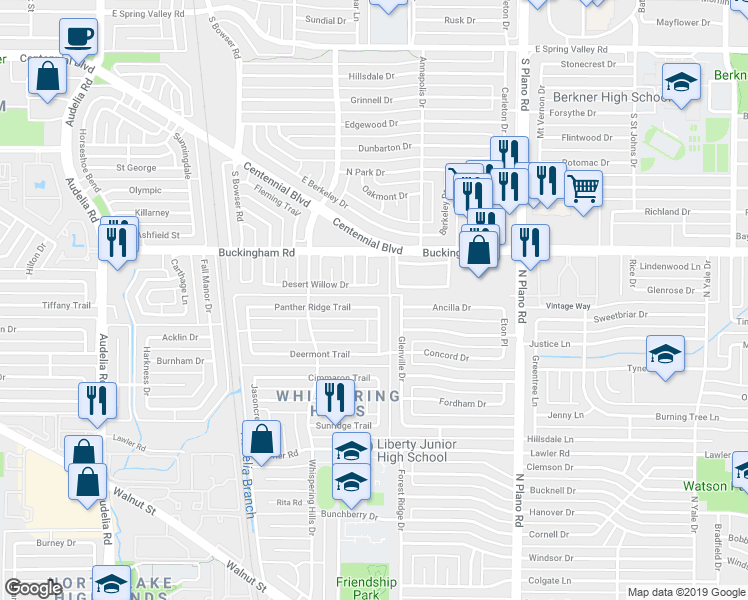 map of restaurants, bars, coffee shops, grocery stores, and more near 10247 Panther Ridge Trail in Dallas