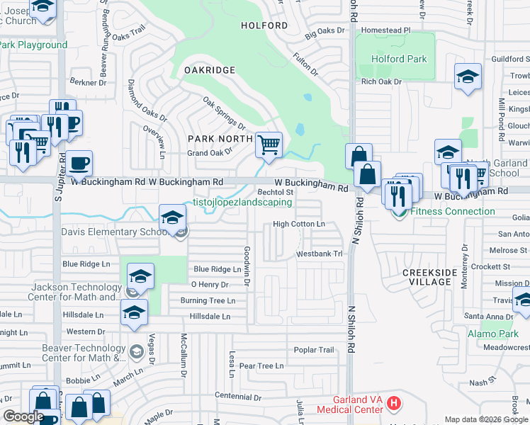 map of restaurants, bars, coffee shops, grocery stores, and more near 2742 Dodson Street in Garland