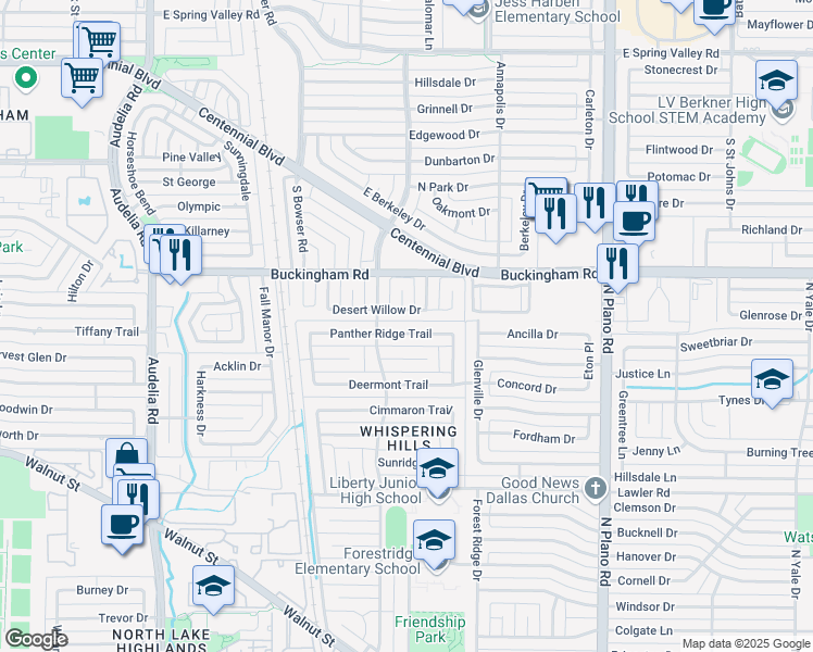 map of restaurants, bars, coffee shops, grocery stores, and more near 10219 Panther Ridge Trail in Dallas