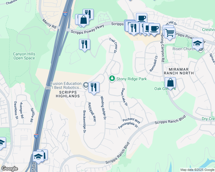 map of restaurants, bars, coffee shops, grocery stores, and more near 10527 Stony Ridge Way in San Diego