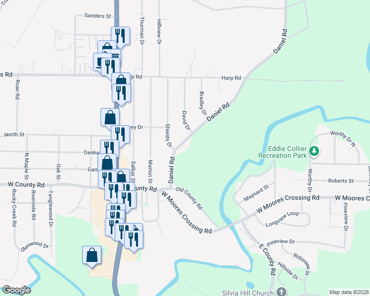 map of restaurants, bars, coffee shops, grocery stores, and more near 201 Daniel Road in Thomaston