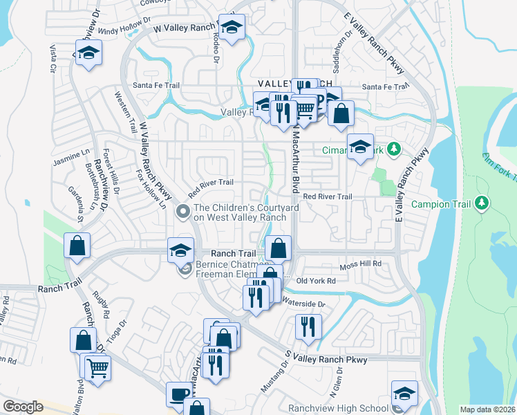 map of restaurants, bars, coffee shops, grocery stores, and more near 637 Fiesta Circle in Irving