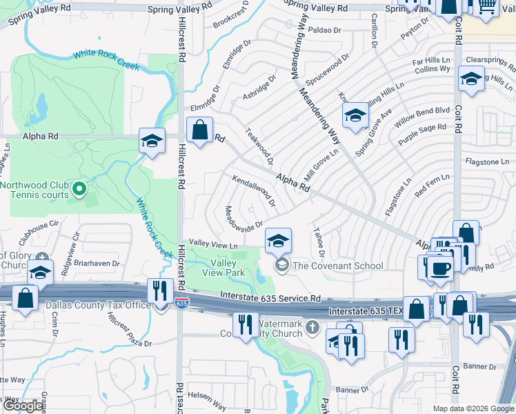 map of restaurants, bars, coffee shops, grocery stores, and more near 13230 Wittmore Circle in Dallas