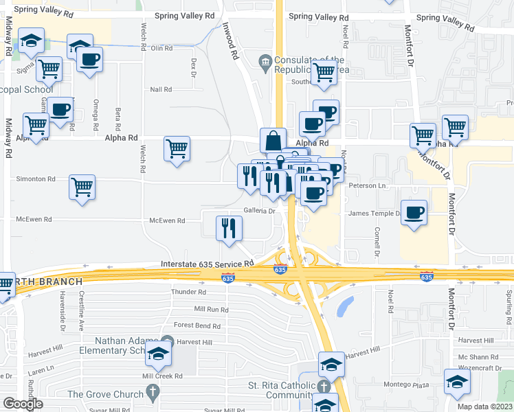 map of restaurants, bars, coffee shops, grocery stores, and more near 5005 Galleria Drive in Farmers Branch