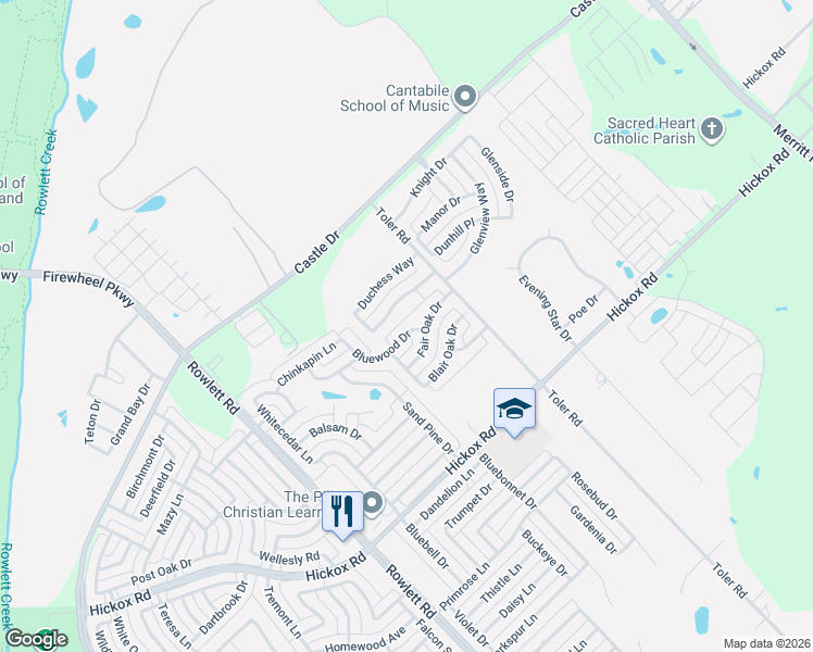 map of restaurants, bars, coffee shops, grocery stores, and more near 3105 Bluewood Drive in Rowlett