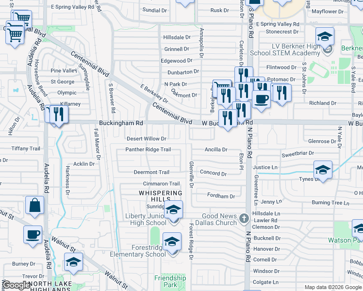 map of restaurants, bars, coffee shops, grocery stores, and more near 10247 Panther Ridge Trail in Dallas