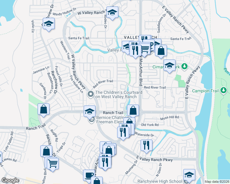 map of restaurants, bars, coffee shops, grocery stores, and more near 777 Marble Canyon Circle in Irving