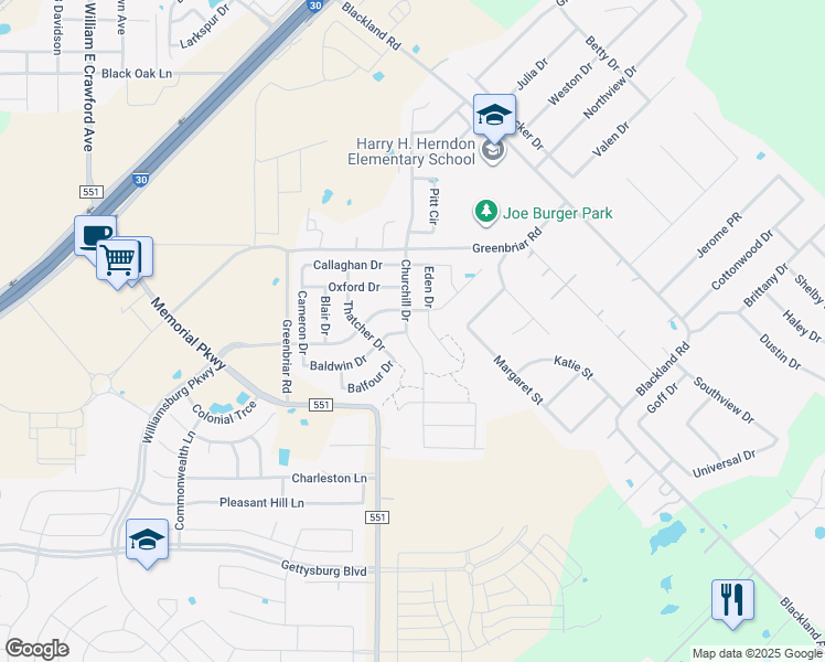 map of restaurants, bars, coffee shops, grocery stores, and more near 213 Churchill Drive in Fate