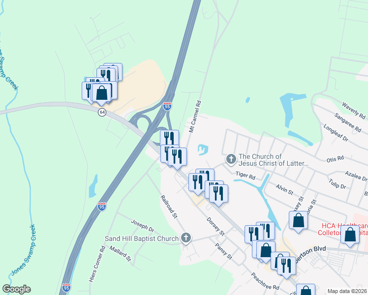 map of restaurants, bars, coffee shops, grocery stores, and more near 125 Mount Carmel Road in Walterboro