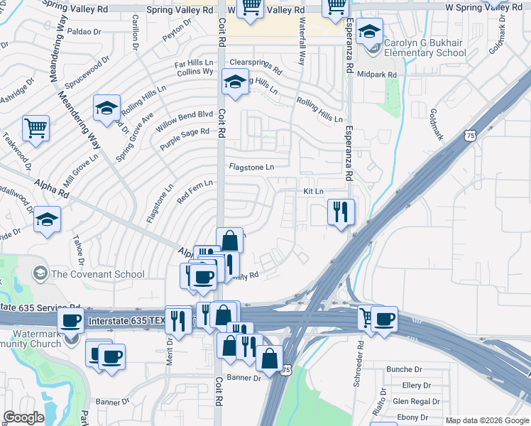 map of restaurants, bars, coffee shops, grocery stores, and more near 13325 Kit Lane in Dallas
