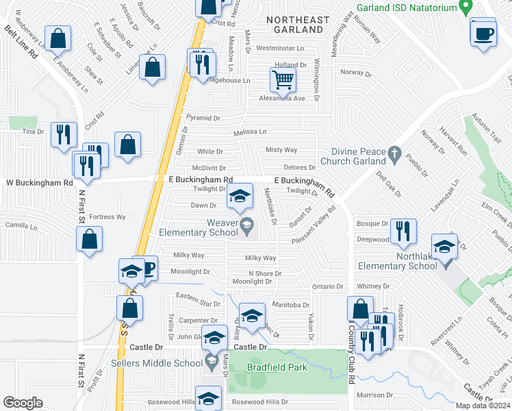 map of restaurants, bars, coffee shops, grocery stores, and more near 1914 Mars Circle in Garland