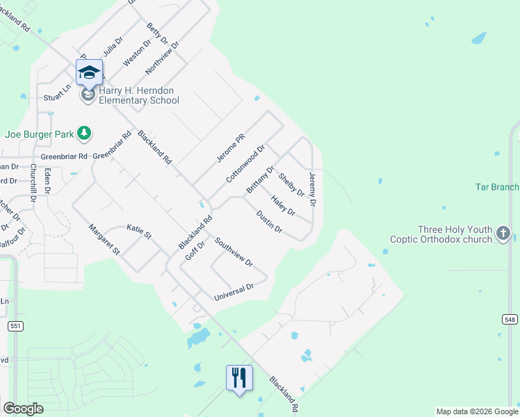 map of restaurants, bars, coffee shops, grocery stores, and more near 105 Dustin Drive in Royse City