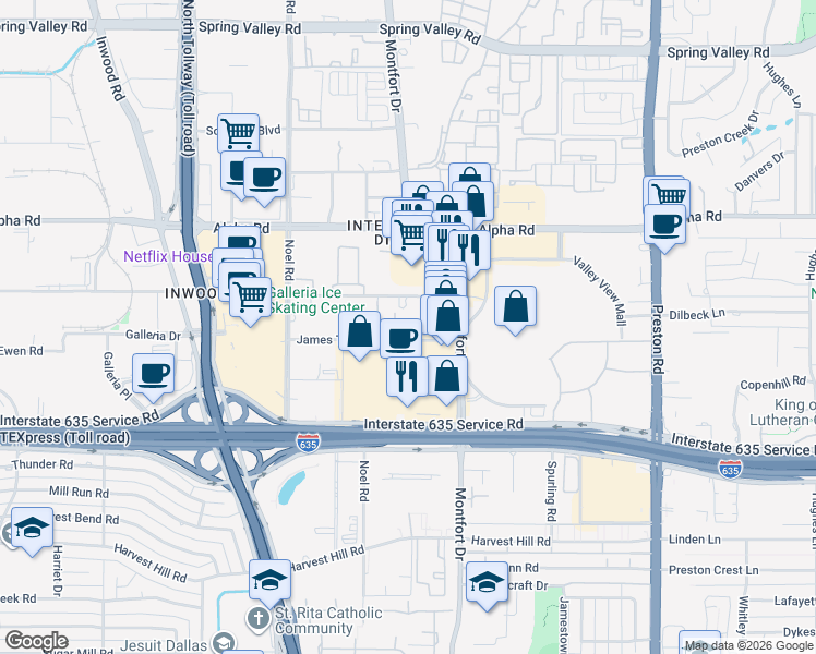 map of restaurants, bars, coffee shops, grocery stores, and more near 5454 Peterson Lane in Dallas