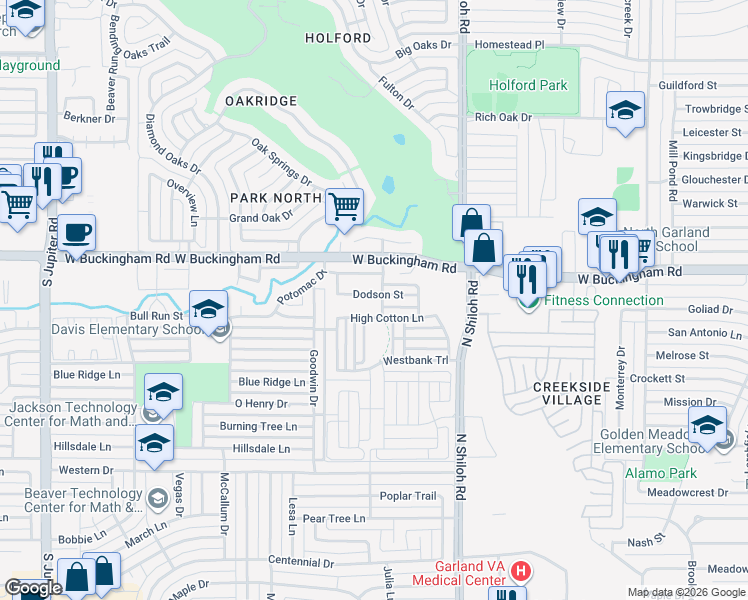 map of restaurants, bars, coffee shops, grocery stores, and more near 2706 Dodson Street in Garland