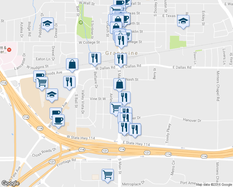 map of restaurants, bars, coffee shops, grocery stores, and more near 1120 S Main St in Grapevine