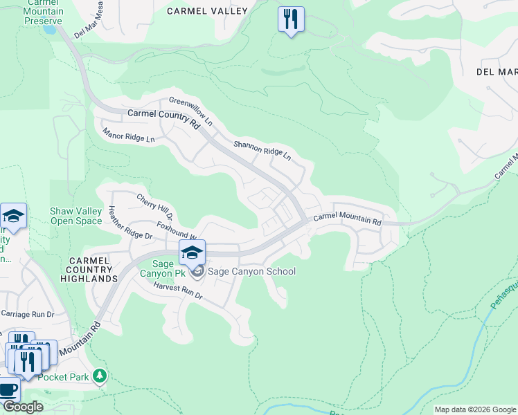map of restaurants, bars, coffee shops, grocery stores, and more near 27 Canyon Grove Trail in San Diego