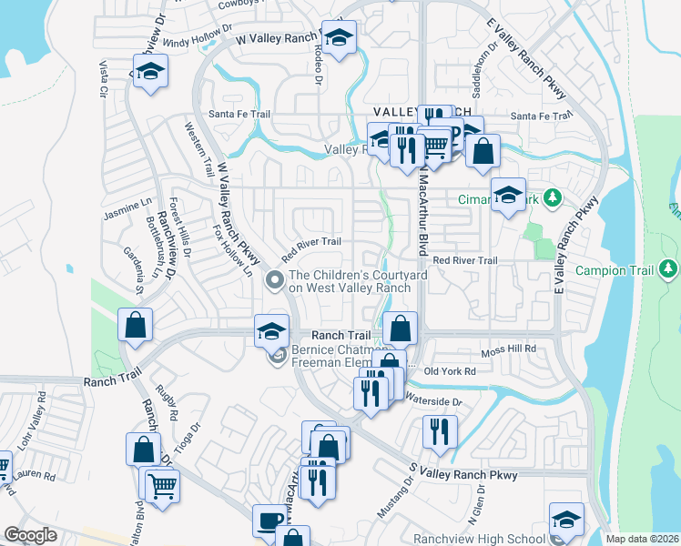 map of restaurants, bars, coffee shops, grocery stores, and more near 775 Marble Canyon Circle in Irving