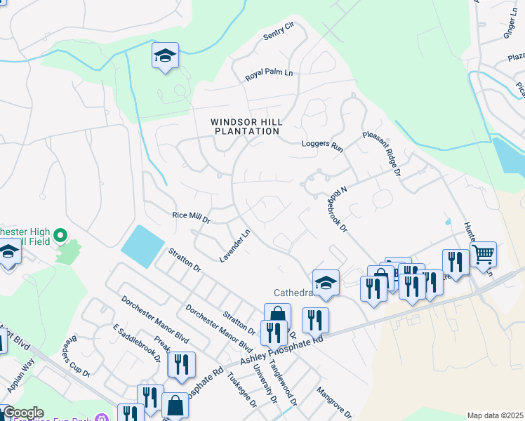 map of restaurants, bars, coffee shops, grocery stores, and more near 8387 Highland Ridge Court in Charleston