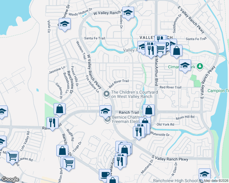 map of restaurants, bars, coffee shops, grocery stores, and more near 8921 Crescent Court in Irving