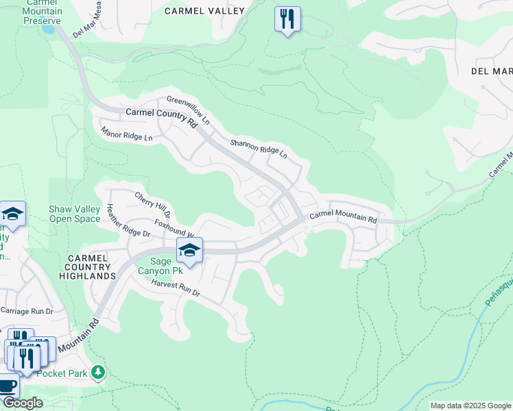 map of restaurants, bars, coffee shops, grocery stores, and more near 27 Canyon Grove Trail in San Diego