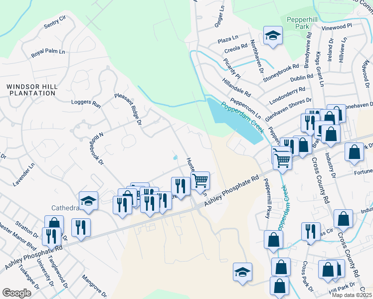 map of restaurants, bars, coffee shops, grocery stores, and more near 7642 Hunters Ridge Lane in North Charleston