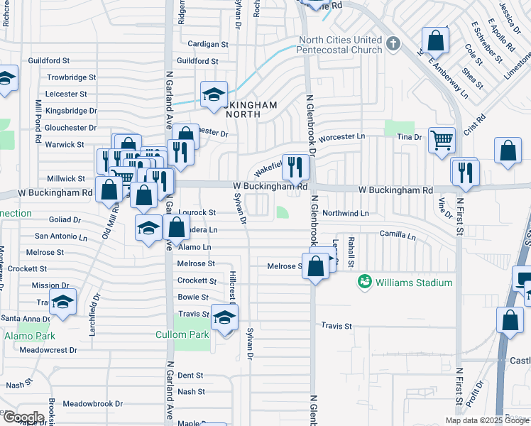 map of restaurants, bars, coffee shops, grocery stores, and more near 1802 Wyster Drive in Garland