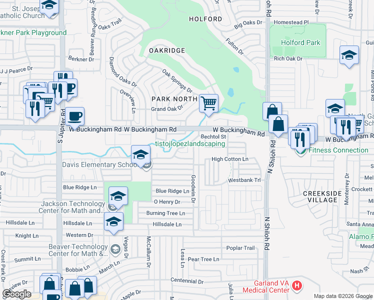 map of restaurants, bars, coffee shops, grocery stores, and more near 2910 Potomac Drive in Garland