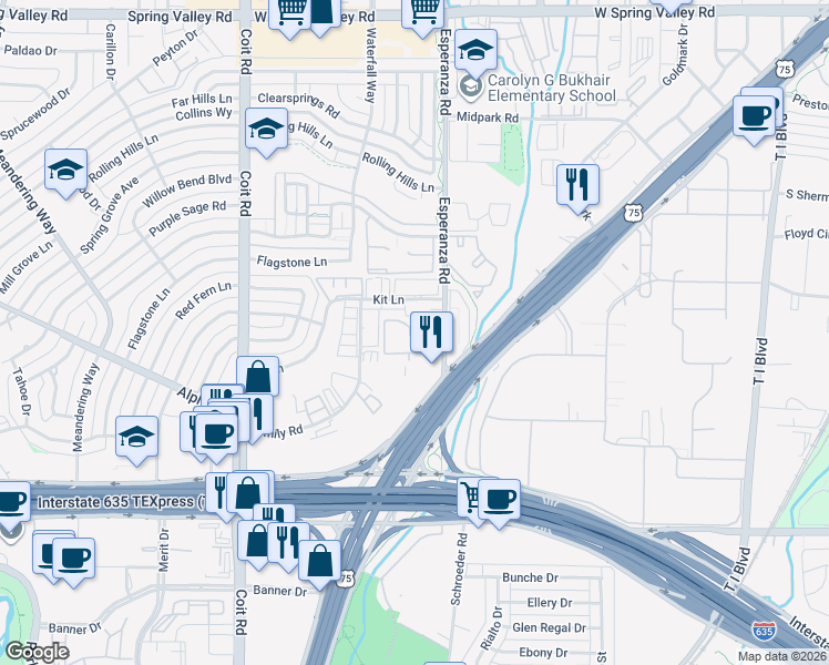 map of restaurants, bars, coffee shops, grocery stores, and more near 13323 Esperanza Road in Dallas