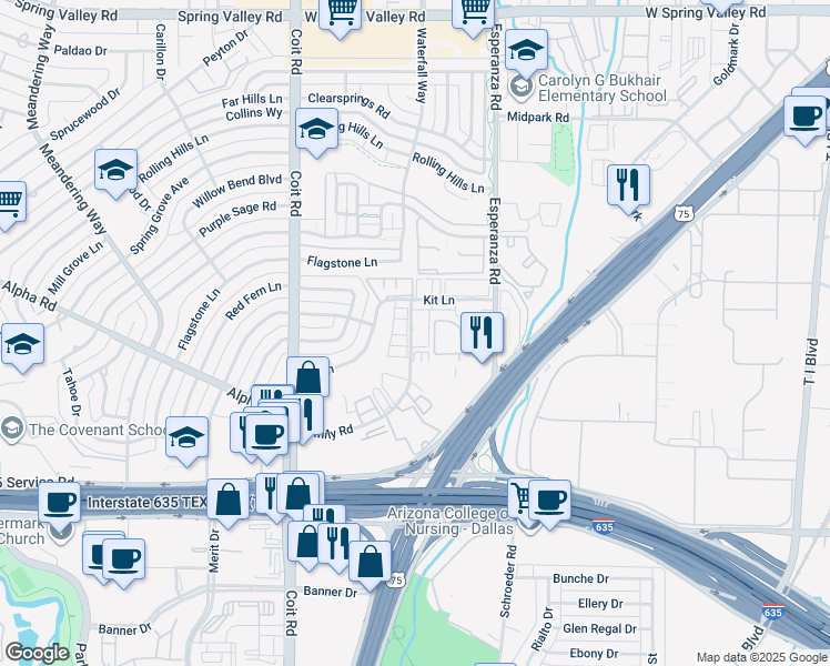 map of restaurants, bars, coffee shops, grocery stores, and more near 13353 Emily Road in Dallas