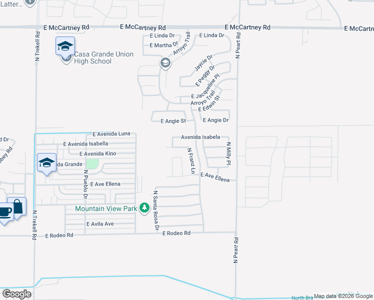 map of restaurants, bars, coffee shops, grocery stores, and more near 2548 North Franz Lane in Casa Grande